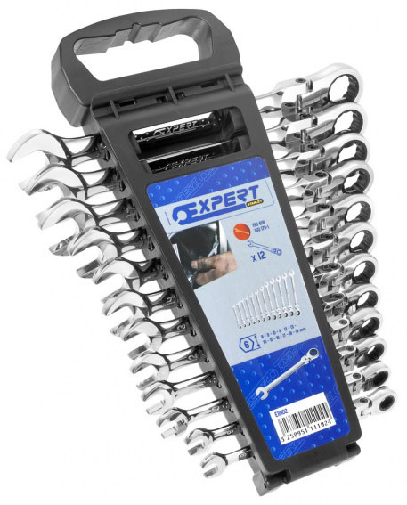 EXPERT E111102 - Metric Hinged Ratchet Combination Spanner Set + Rack 12 Pcs 8-19mm