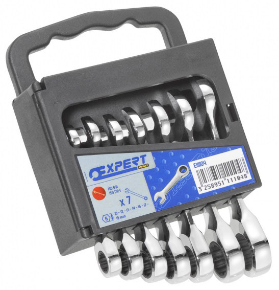 EXPERT E111104 - Metric Short Ratchet Combination Spanner Set + Rack 7Pcs 10-19mm