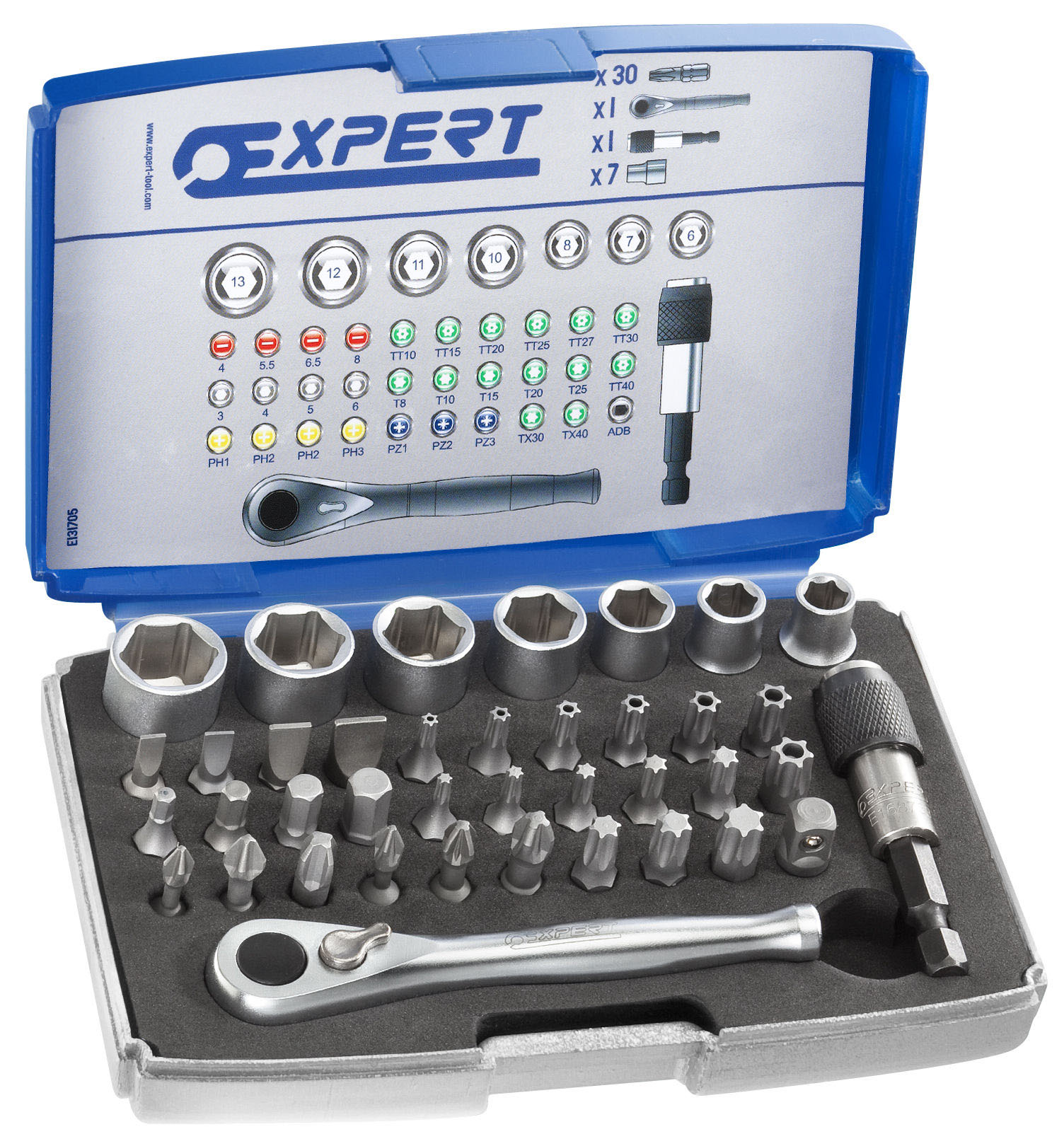 EXPERT E131705 - 1/4” Hex Drive Screw Bits + Sockets Set + Case 4-5.5-6.5-8mm – 39 Pcs